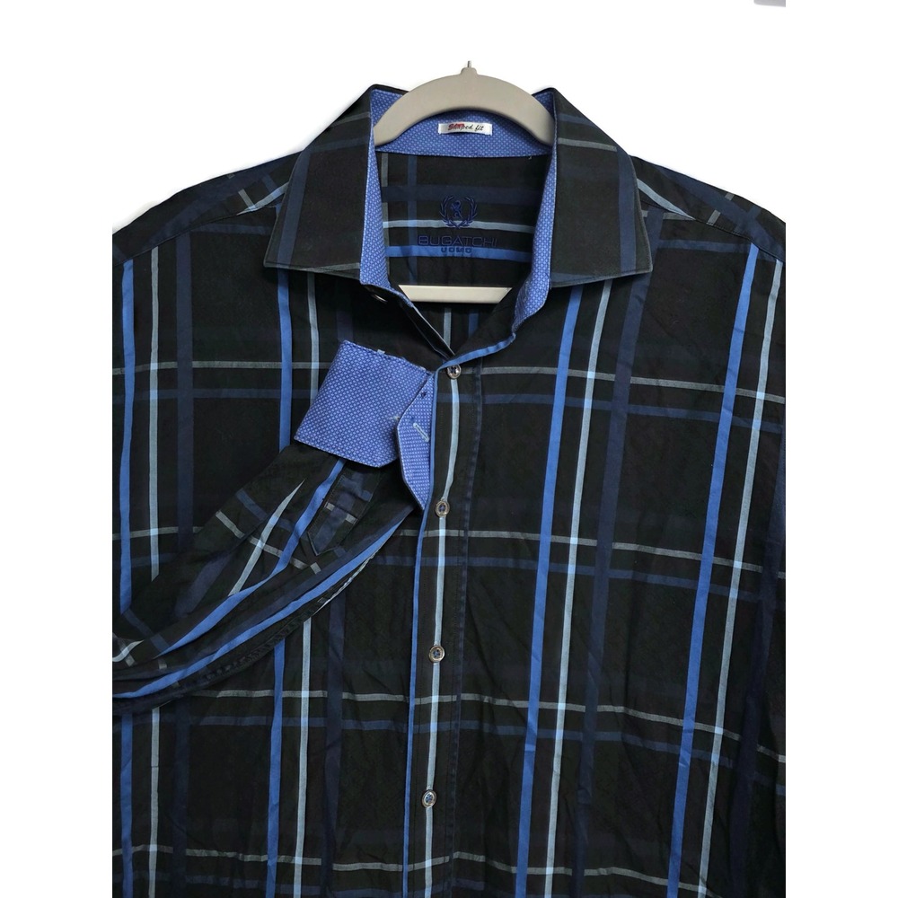 Bugatchi Uomo Mens XL Shaped Fit Long Sleeve Button Down Shirt Black Blue Plaid